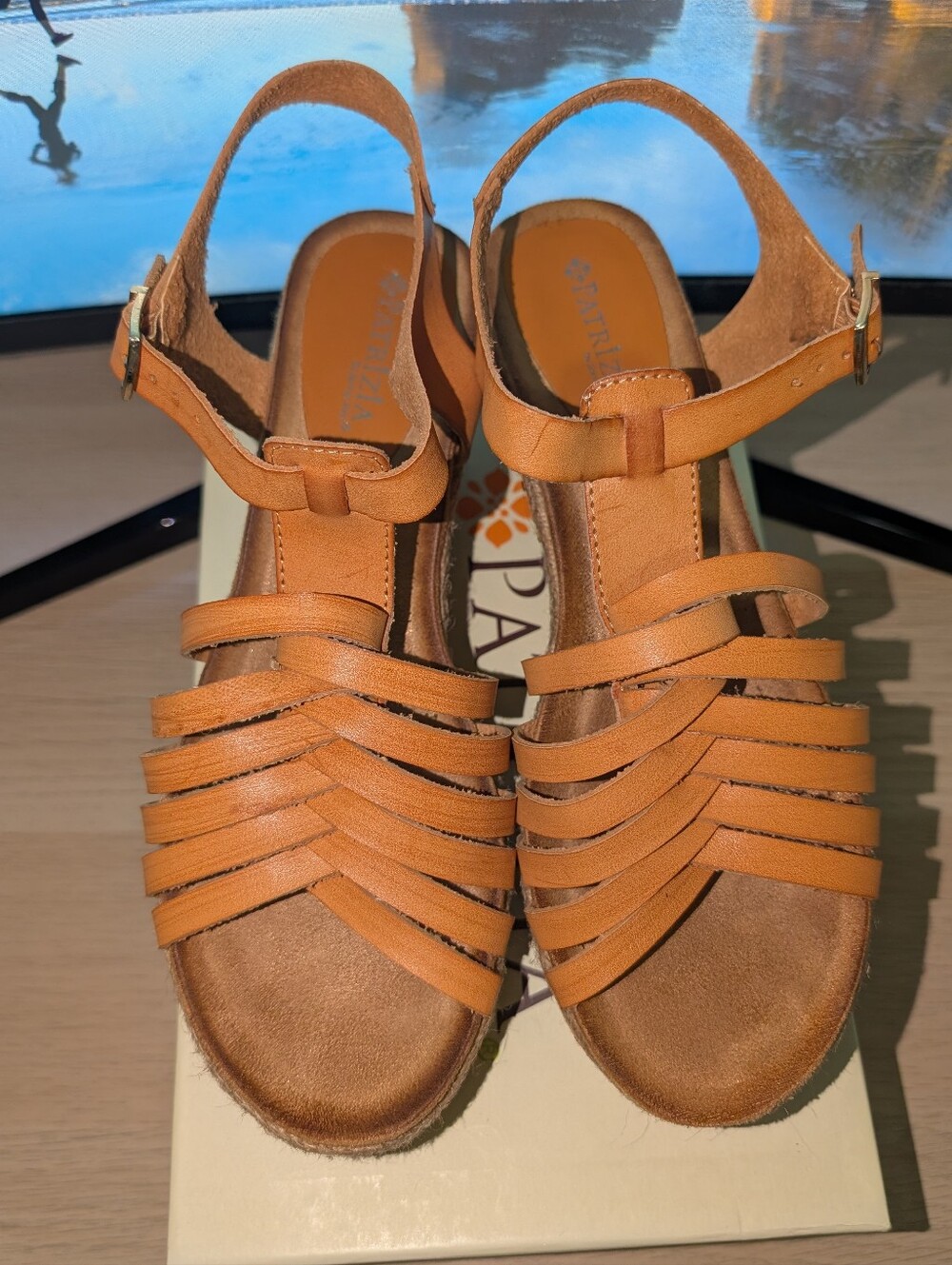 Patrizia Cognac Faux Leather Studded Espadrille Wedges.